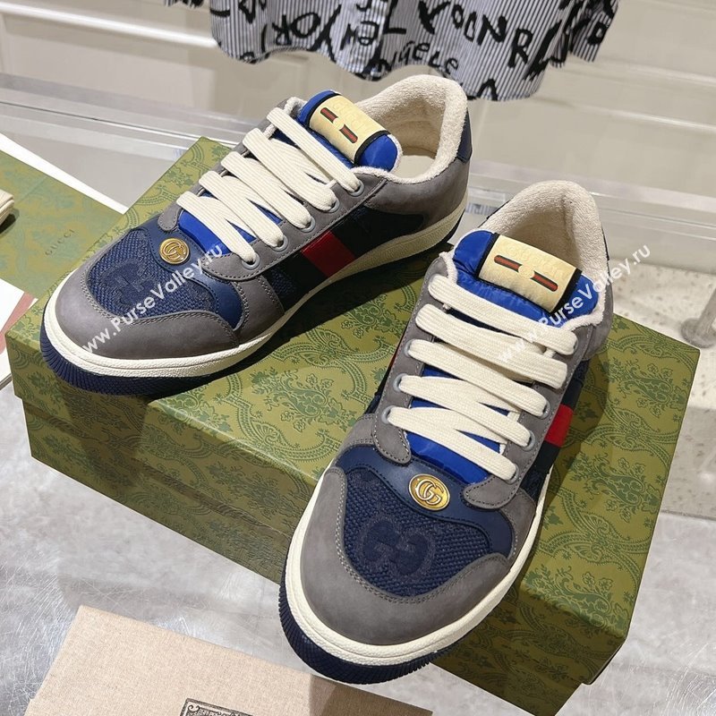 Gucci Screener Trainer Sneakers in Suede and GG Canvas with Web Grey/Blue 2024 (SS-241119148)