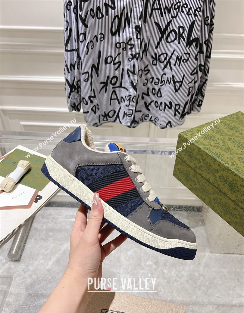 Gucci Screener Trainer Sneakers in Suede and GG Canvas with Web Grey/Blue 2024 (SS-241119148)