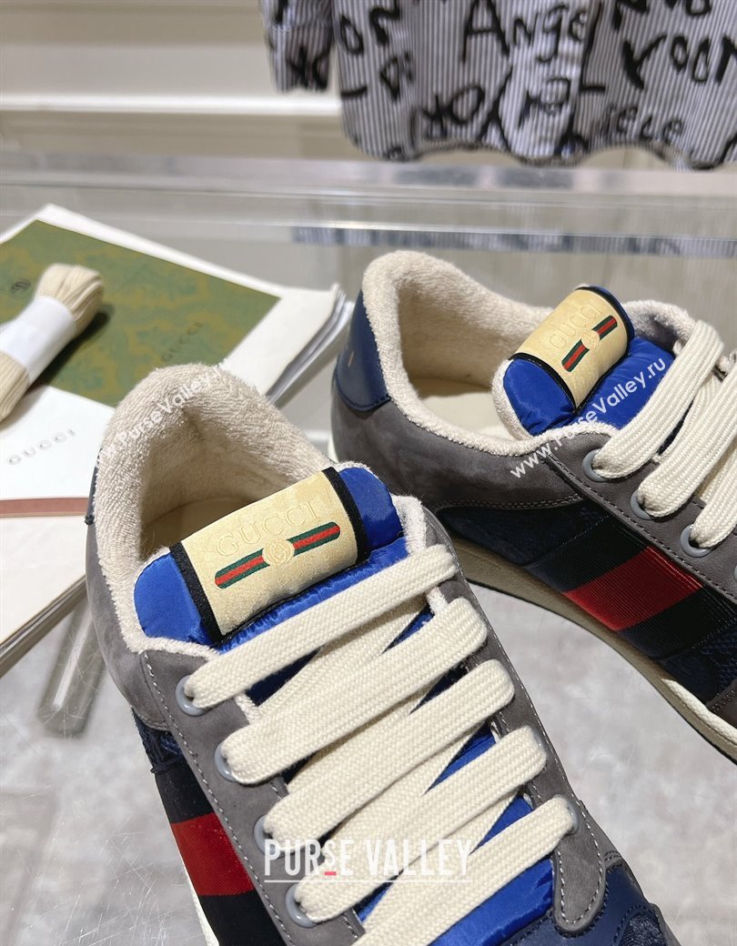 Gucci Screener Trainer Sneakers in Suede and GG Canvas with Web Grey/Blue 2024 (SS-241119148)