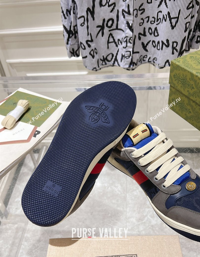 Gucci Screener Trainer Sneakers in Suede and GG Canvas with Web Grey/Blue 2024 (SS-241119148)