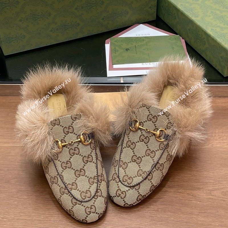 Gucci GG Canvas and Wool Flat Slippers Beige 2024 1119 (SS-241119153)