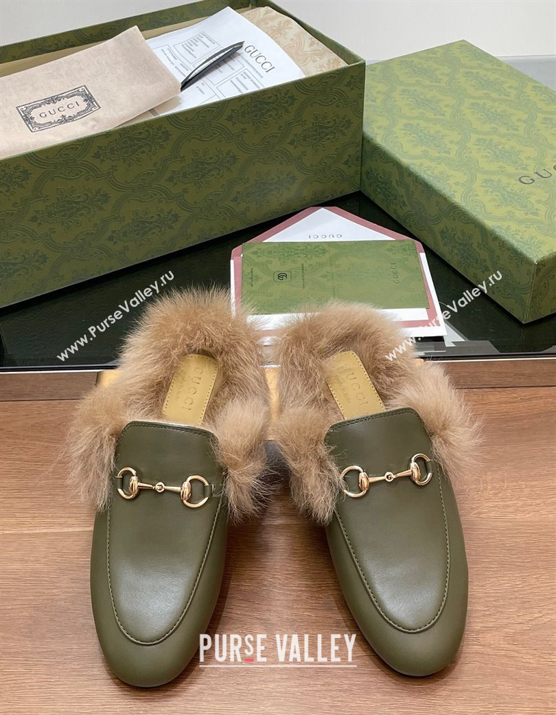 Gucci Calf Leather and Wool Flat Slippers Green 2024 1119 (SS-241119155)