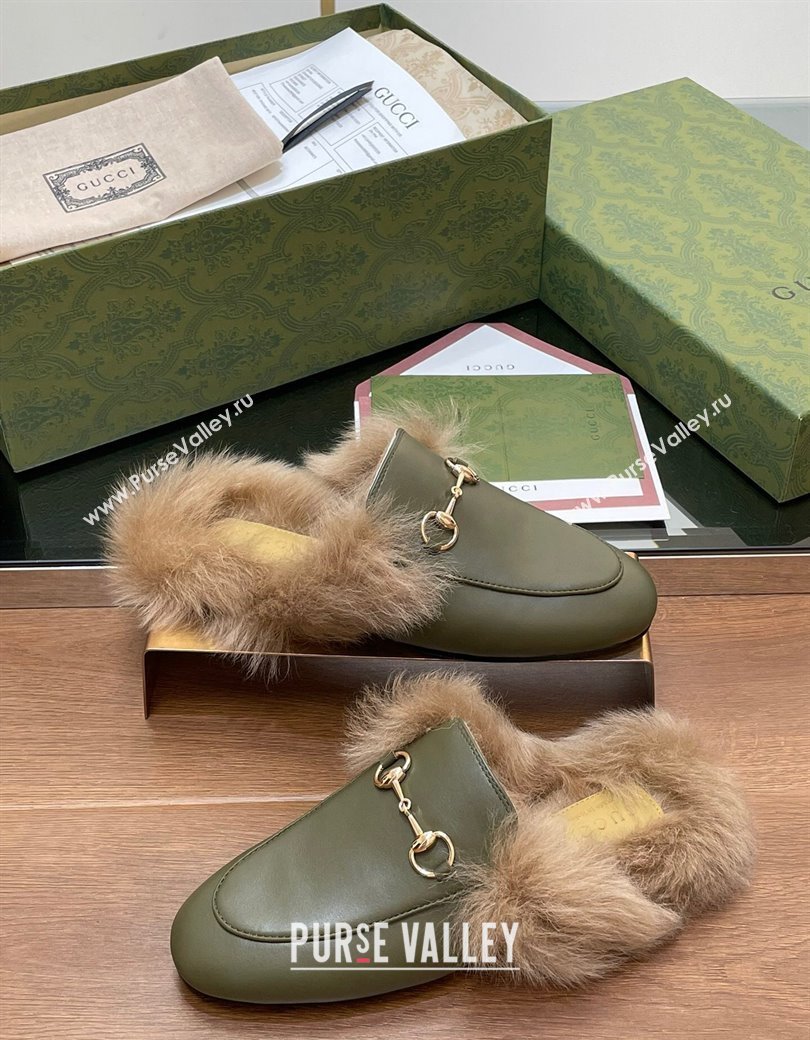 Gucci Calf Leather and Wool Flat Slippers Green 2024 1119 (SS-241119155)