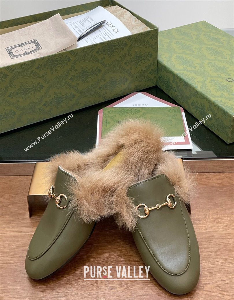 Gucci Calf Leather and Wool Flat Slippers Green 2024 1119 (SS-241119155)