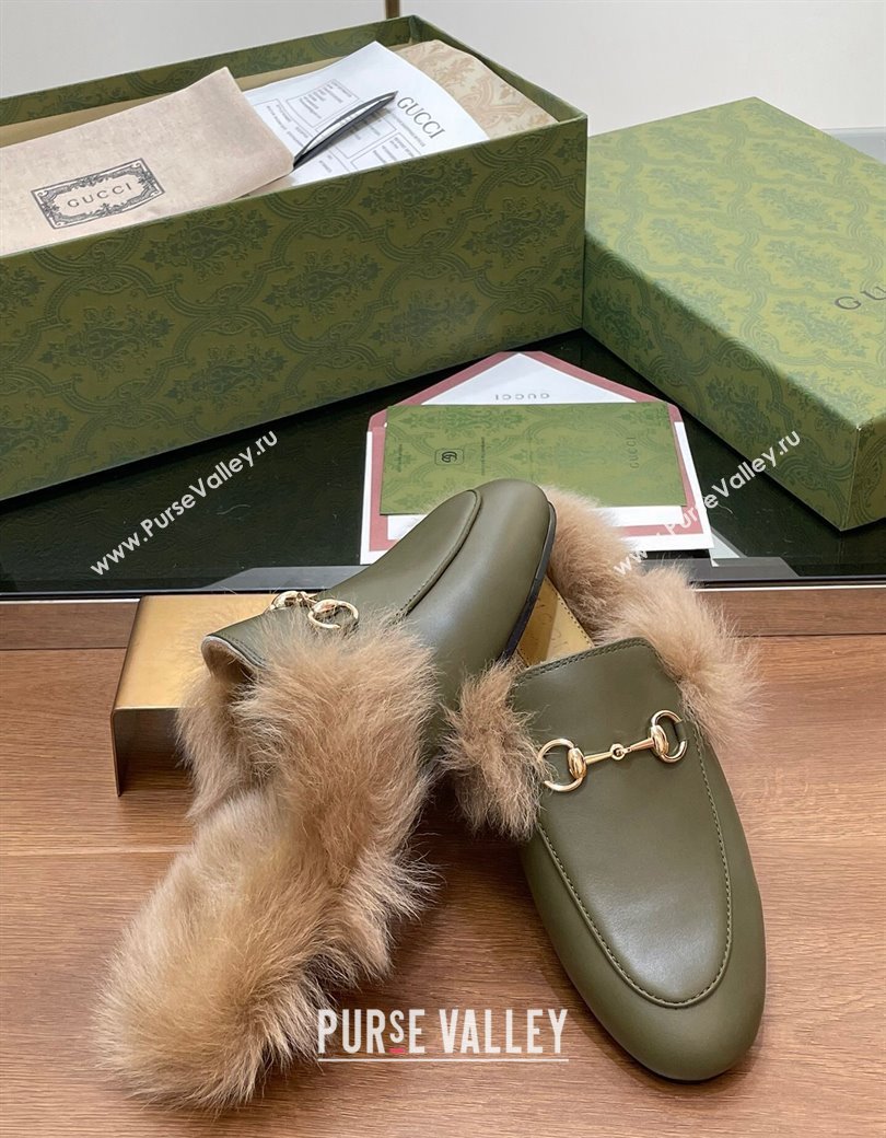 Gucci Calf Leather and Wool Flat Slippers Green 2024 1119 (SS-241119155)