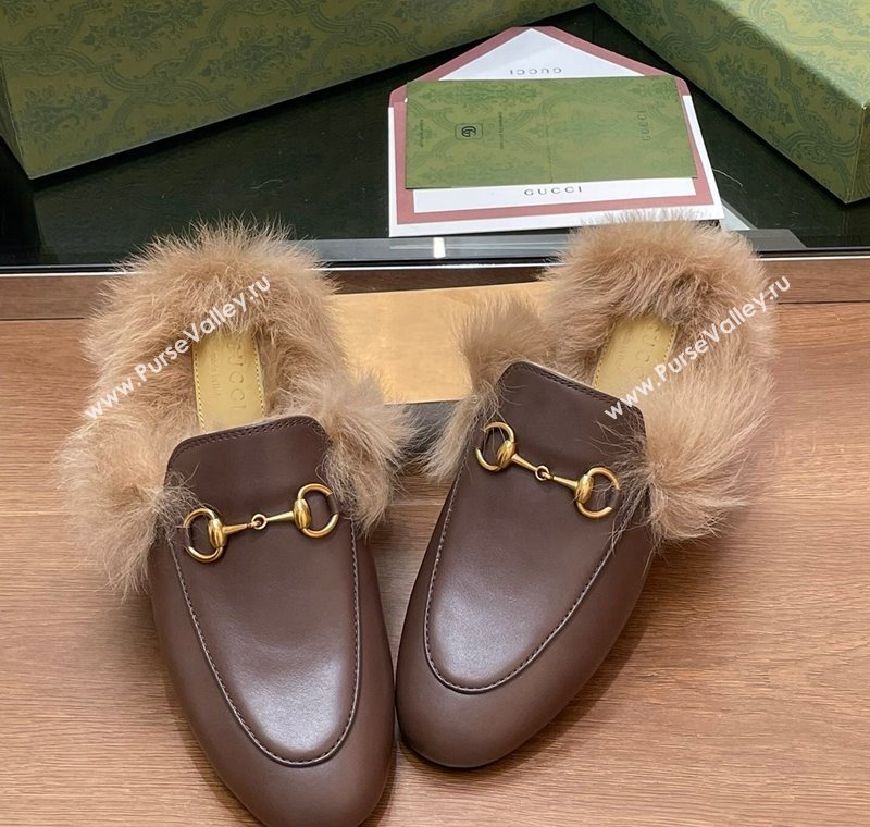 Gucci Calf Leather and Wool Flat Slippers Chocolate 2024 1119 (SS-241119156)