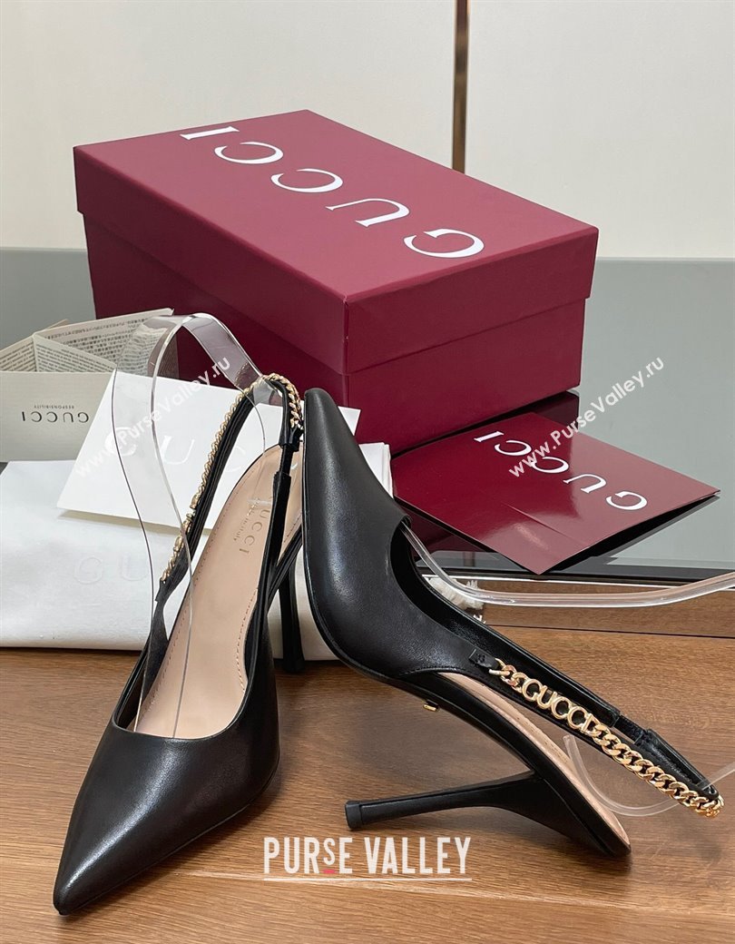 Gucci Signoria Slingback Pumps 10.5cm in Calfskin Leather Black 2024 782832 (SS-241119158)