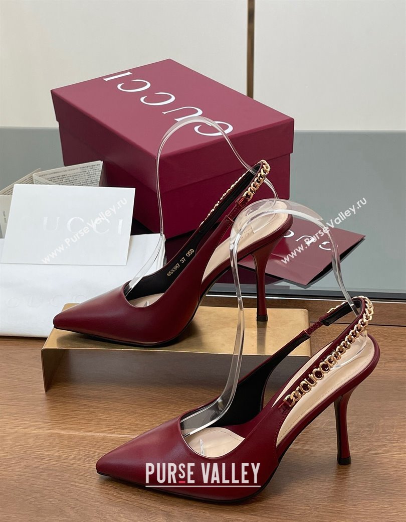 Gucci Signoria Slingback Pumps 10.5cm in Calfskin Leather Burgundy 2024 782832 (SS-241119160)