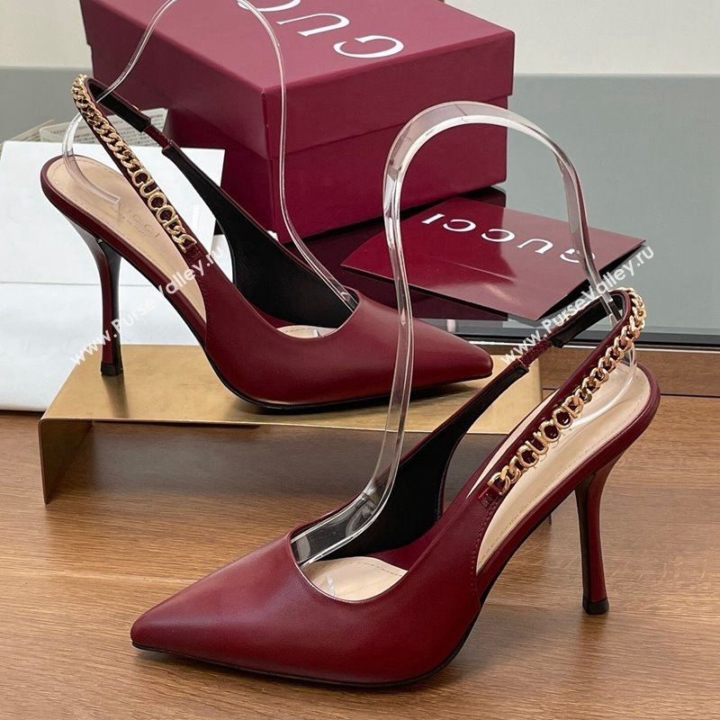 Gucci Signoria Slingback Pumps 10.5cm in Calfskin Leather Burgundy 2024 782832 (SS-241119160)