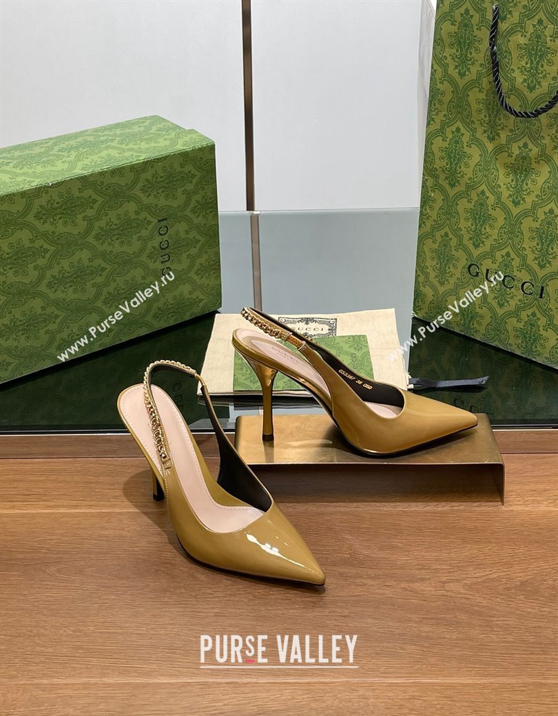 Gucci Signoria Slingback Pumps 10.5cm in Patent Leather Khaki 2024 782832 (SS-241119164)