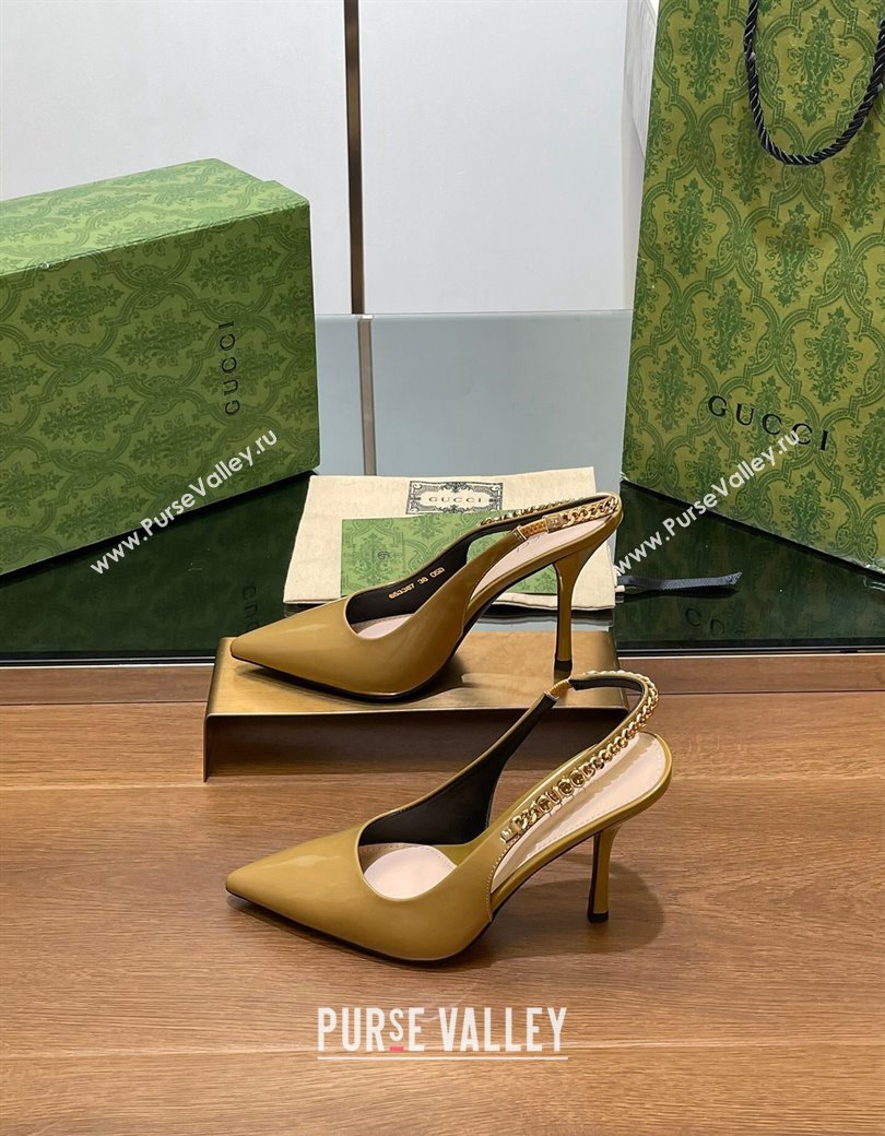 Gucci Signoria Slingback Pumps 10.5cm in Patent Leather Khaki 2024 782832 (SS-241119164)