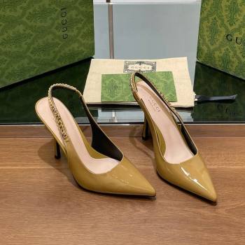 Gucci Signoria Slingback Pumps 10.5cm in Patent Leather Khaki 2024 782832 (SS-241119164)