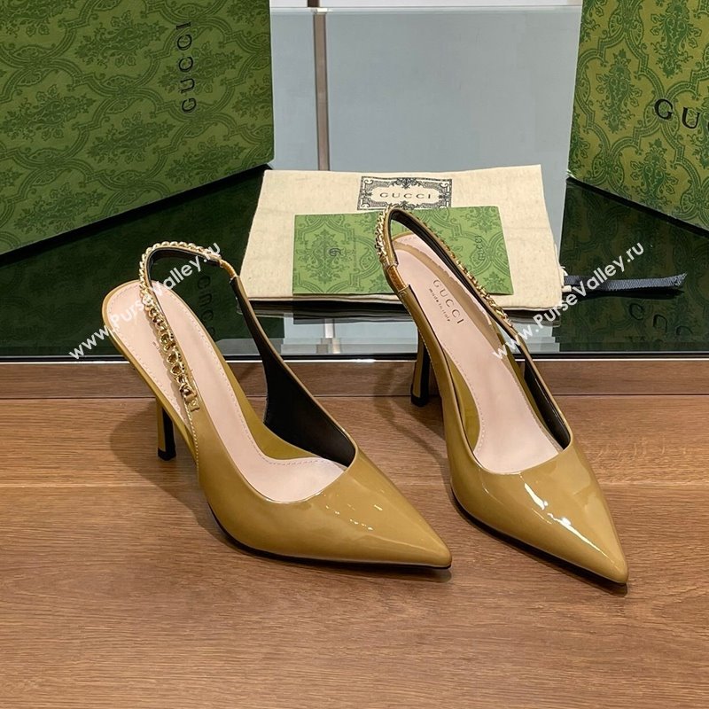 Gucci Signoria Slingback Pumps 10.5cm in Patent Leather Khaki 2024 782832 (SS-241119164)