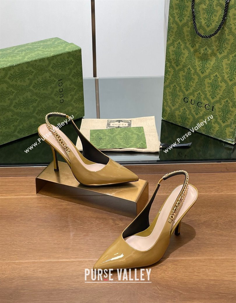 Gucci Signoria Slingback Pumps 10.5cm in Patent Leather Khaki 2024 782832 (SS-241119164)