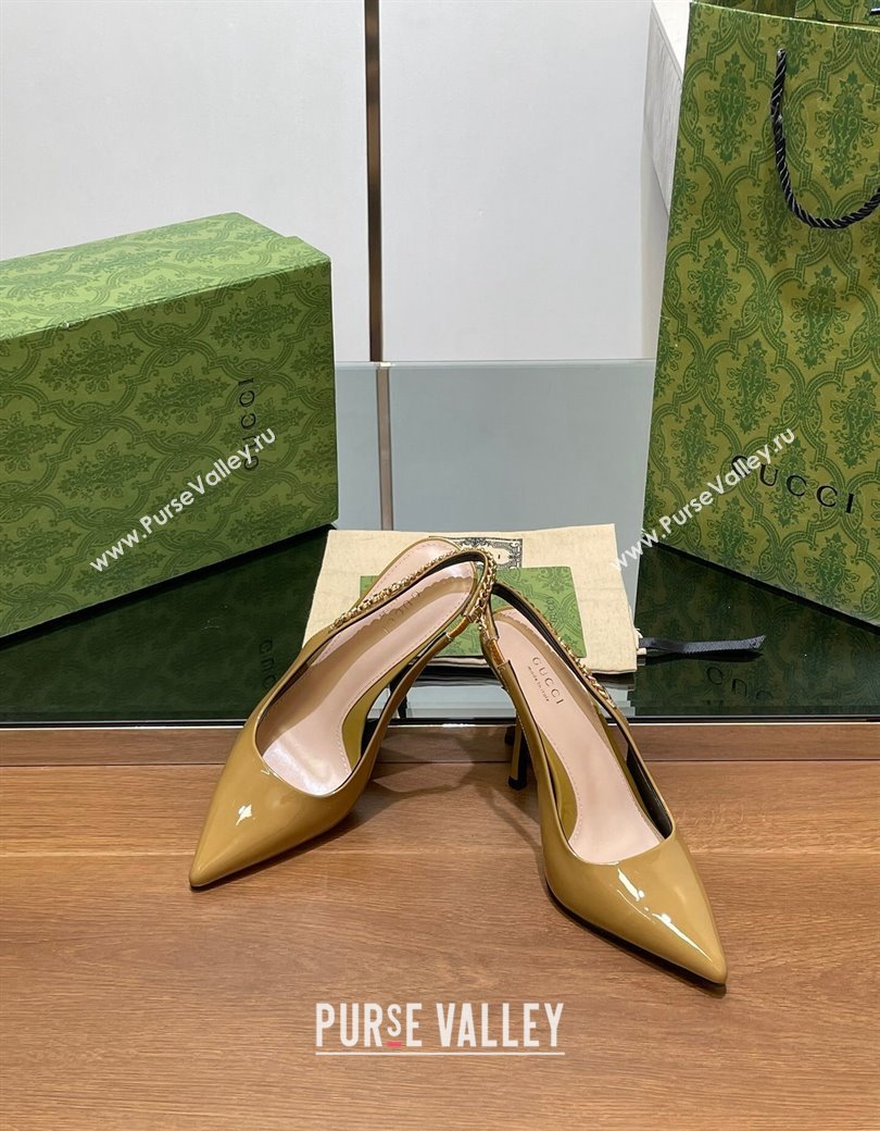 Gucci Signoria Slingback Pumps 10.5cm in Patent Leather Khaki 2024 782832 (SS-241119164)