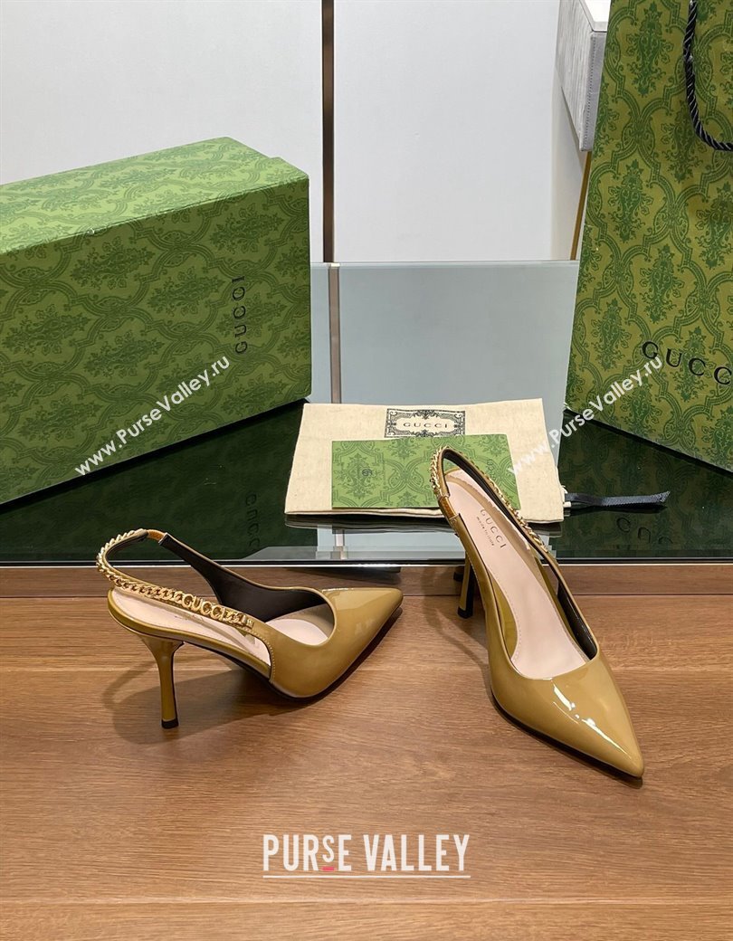 Gucci Signoria Slingback Pumps 10.5cm in Patent Leather Khaki 2024 782832 (SS-241119164)