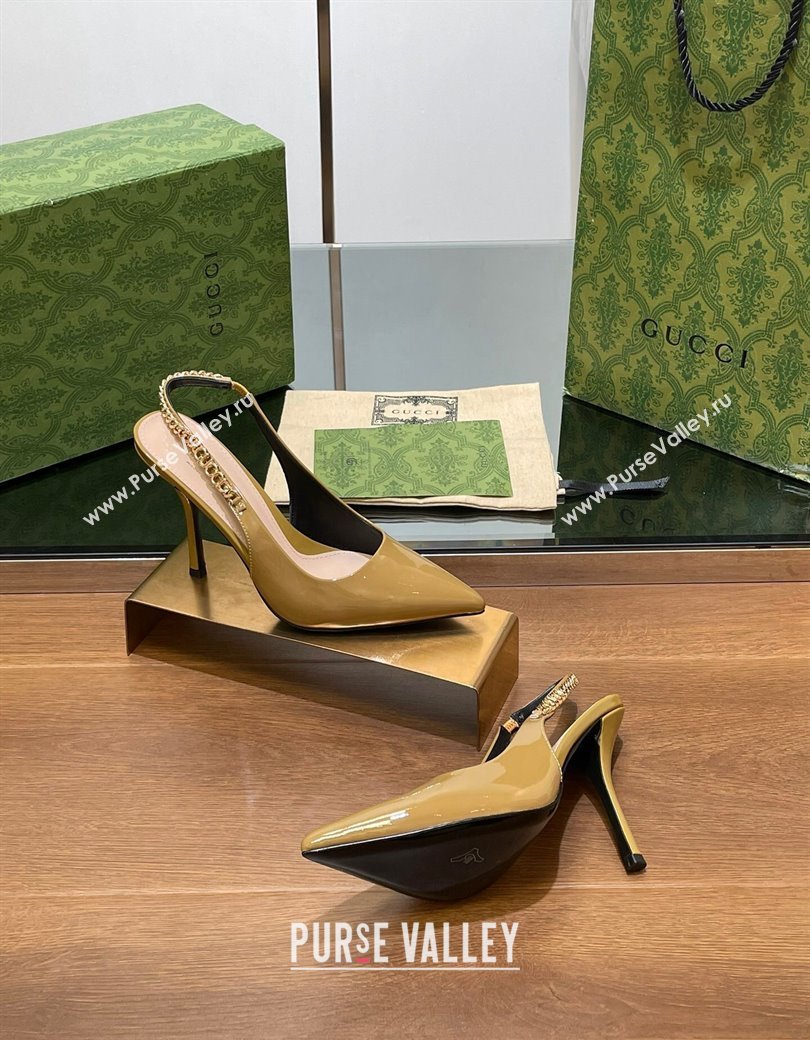 Gucci Signoria Slingback Pumps 10.5cm in Patent Leather Khaki 2024 782832 (SS-241119164)