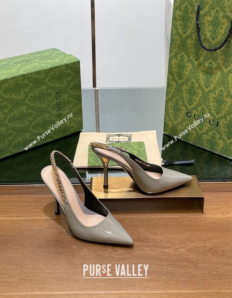 Gucci Signoria Slingback Pumps 10.5cm in Patent Leather Grey 2024 782832 (SS-241119166)