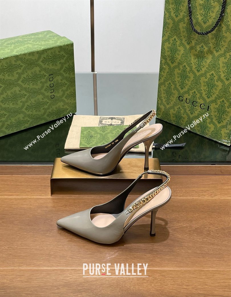 Gucci Signoria Slingback Pumps 10.5cm in Patent Leather Grey 2024 782832 (SS-241119166)