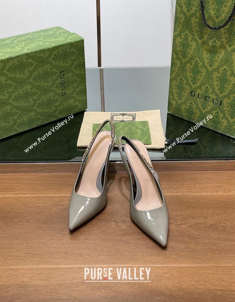 Gucci Signoria Slingback Pumps 10.5cm in Patent Leather Grey 2024 782832 (SS-241119166)