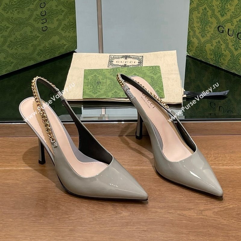 Gucci Signoria Slingback Pumps 10.5cm in Patent Leather Grey 2024 782832 (SS-241119166)