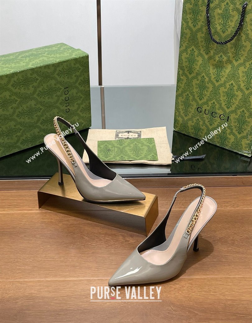 Gucci Signoria Slingback Pumps 10.5cm in Patent Leather Grey 2024 782832 (SS-241119166)