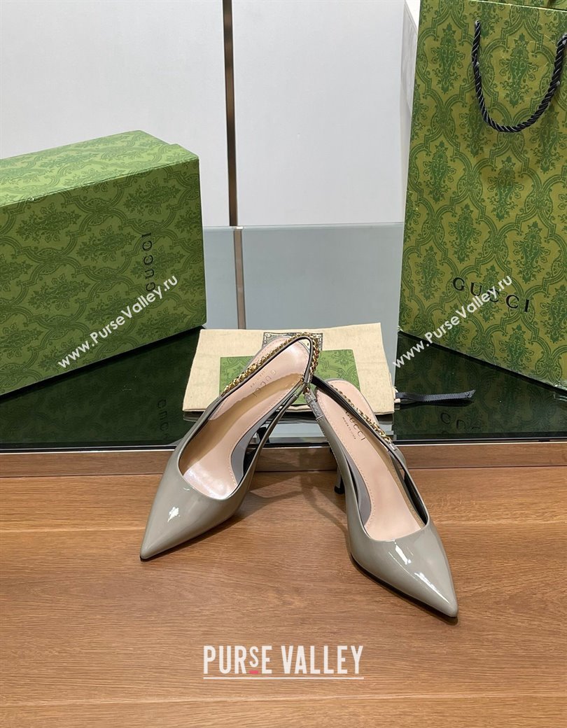 Gucci Signoria Slingback Pumps 10.5cm in Patent Leather Grey 2024 782832 (SS-241119166)