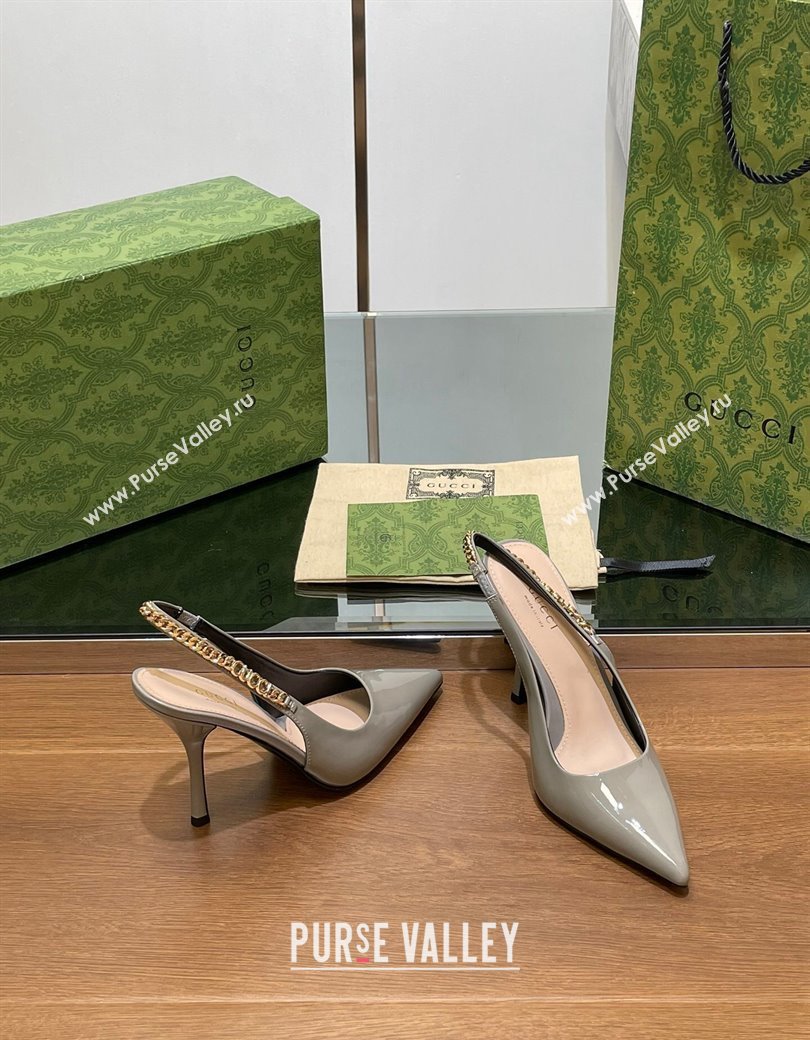 Gucci Signoria Slingback Pumps 10.5cm in Patent Leather Grey 2024 782832 (SS-241119166)