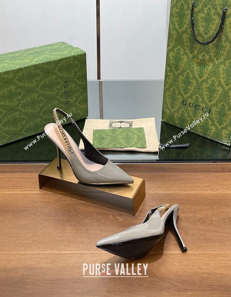 Gucci Signoria Slingback Pumps 10.5cm in Patent Leather Grey 2024 782832 (SS-241119166)