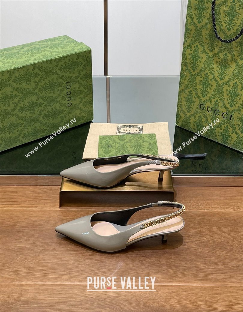 Gucci Signoria Slingback Pumps 4.5cm in Patent Leather Grey 2024 782832 (SS-241119165)