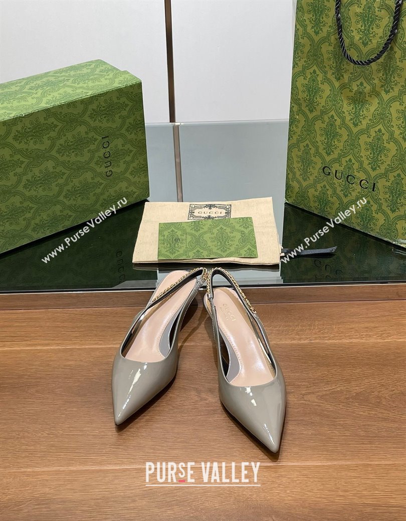 Gucci Signoria Slingback Pumps 4.5cm in Patent Leather Grey 2024 782832 (SS-241119165)