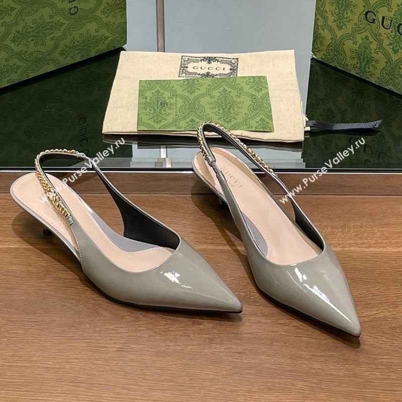 Gucci Signoria Slingback Pumps 4.5cm in Patent Leather Grey 2024 782832 (SS-241119165)