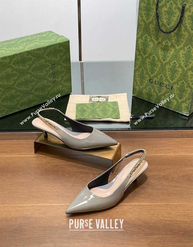 Gucci Signoria Slingback Pumps 4.5cm in Patent Leather Grey 2024 782832 (SS-241119165)