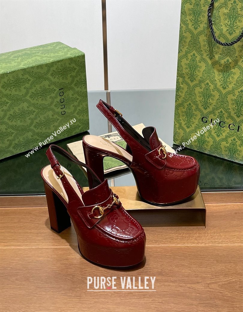 Gucci Horsebit Platform High Heel Slingback Pumps 14cm in GG Leather Burgundy 2024 (SS-241119167)