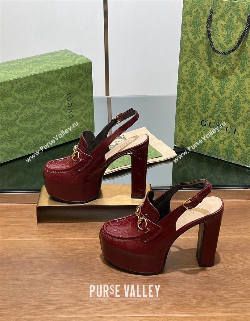 Gucci Horsebit Platform High Heel Slingback Pumps 14cm in GG Leather Burgundy 2024 (SS-241119167)