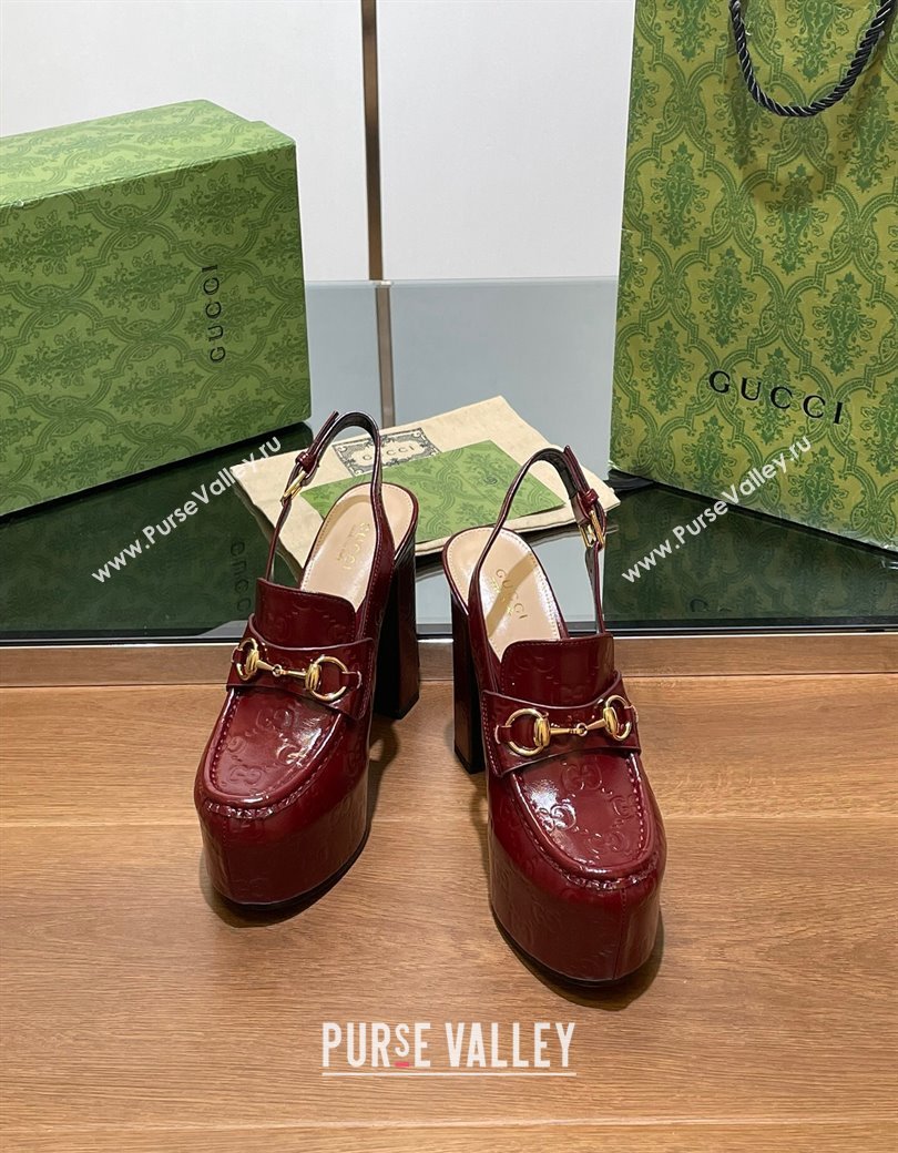 Gucci Horsebit Platform High Heel Slingback Pumps 14cm in GG Leather Burgundy 2024 (SS-241119167)