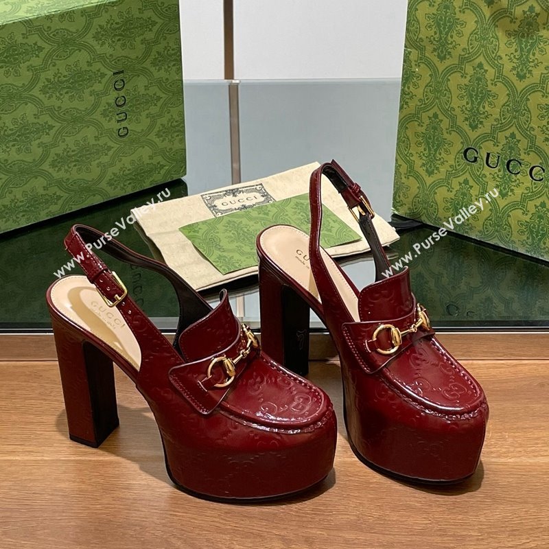 Gucci Horsebit Platform High Heel Slingback Pumps 14cm in GG Leather Burgundy 2024 (SS-241119167)