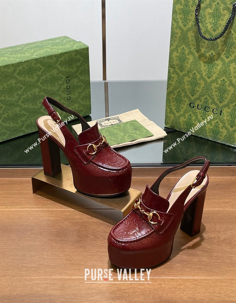 Gucci Horsebit Platform High Heel Slingback Pumps 14cm in GG Leather Burgundy 2024 (SS-241119167)