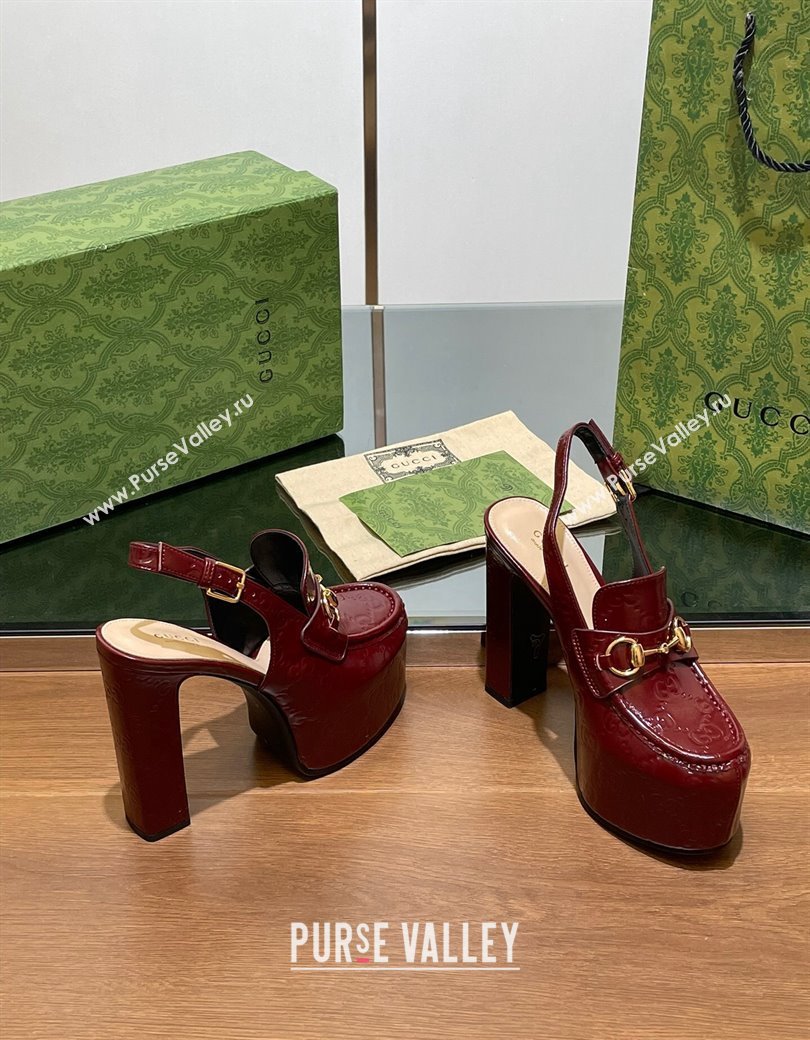 Gucci Horsebit Platform High Heel Slingback Pumps 14cm in GG Leather Burgundy 2024 (SS-241119167)