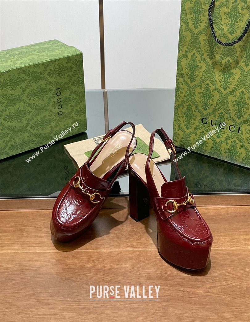 Gucci Horsebit Platform High Heel Slingback Pumps 14cm in GG Leather Burgundy 2024 (SS-241119167)