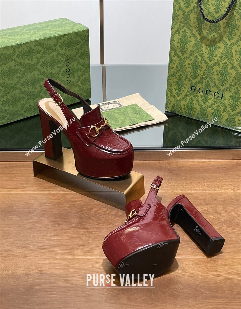 Gucci Horsebit Platform High Heel Slingback Pumps 14cm in GG Leather Burgundy 2024 (SS-241119167)