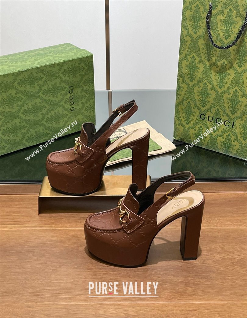 Gucci Horsebit Platform High Heel Slingback Pumps 14cm in GG Leather Brown 2024 (SS-241119169)