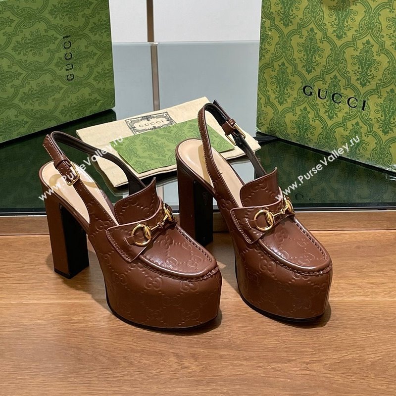 Gucci Horsebit Platform High Heel Slingback Pumps 14cm in GG Leather Brown 2024 (SS-241119169)