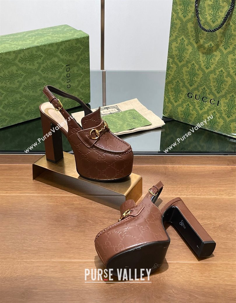 Gucci Horsebit Platform High Heel Slingback Pumps 14cm in GG Leather Brown 2024 (SS-241119169)