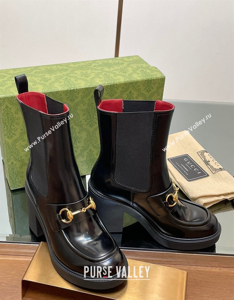 Gucci Web Horsebit Heel Ankle Boots 9cm in Shiny Leather Black 2024 GG111801 (MD-241118058)