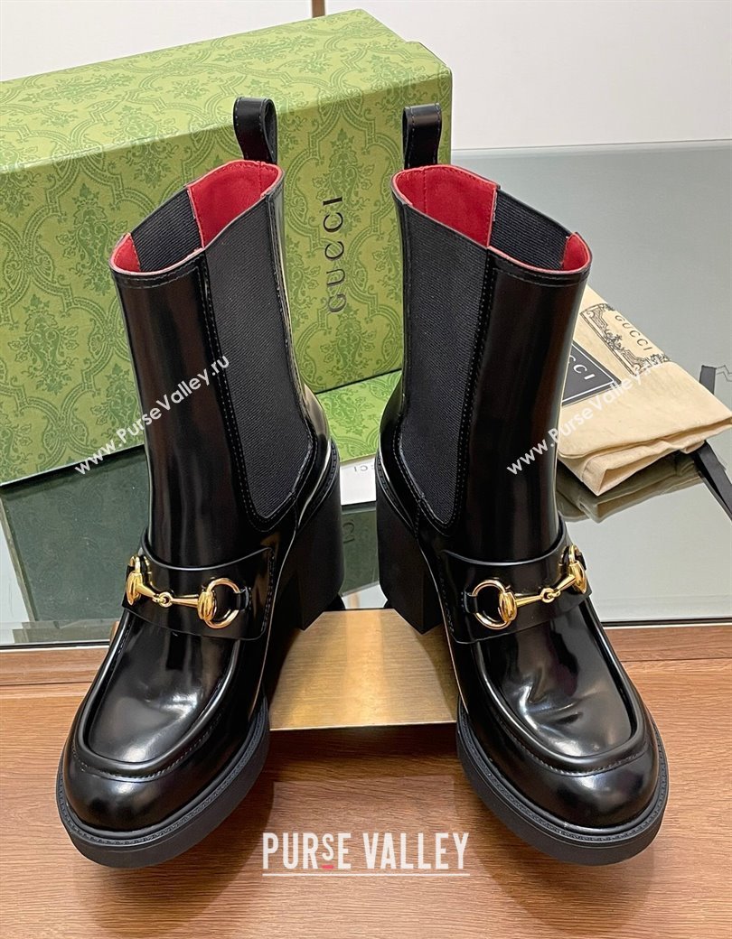 Gucci Web Horsebit Heel Ankle Boots 9cm in Shiny Leather Black 2024 GG111801 (MD-241118058)