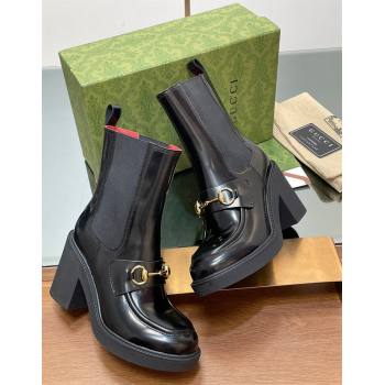 Gucci Web Horsebit Heel Ankle Boots 9cm in Shiny Leather Black 2024 GG111801 (MD-241118058)