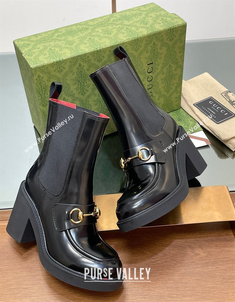 Gucci Web Horsebit Heel Ankle Boots 9cm in Shiny Leather Black 2024 GG111801 (MD-241118058)