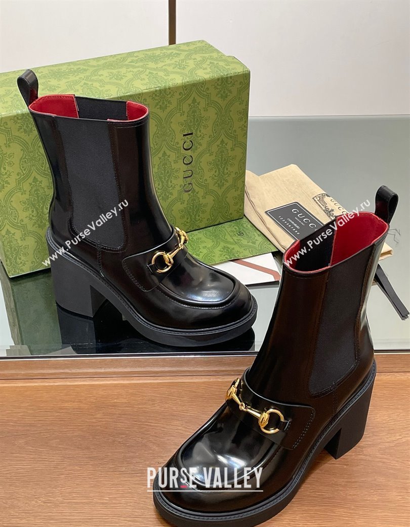 Gucci Web Horsebit Heel Ankle Boots 9cm in Shiny Leather Black 2024 GG111801 (MD-241118058)