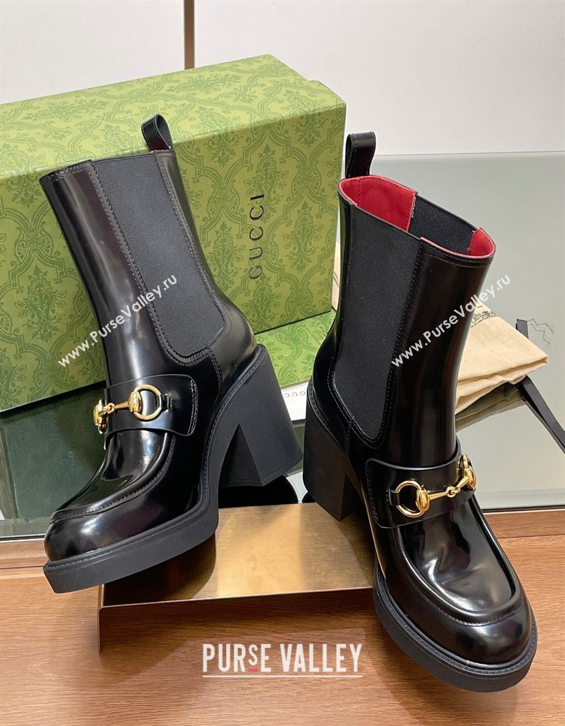 Gucci Web Horsebit Heel Ankle Boots 9cm in Shiny Leather Black 2024 GG111801 (MD-241118058)